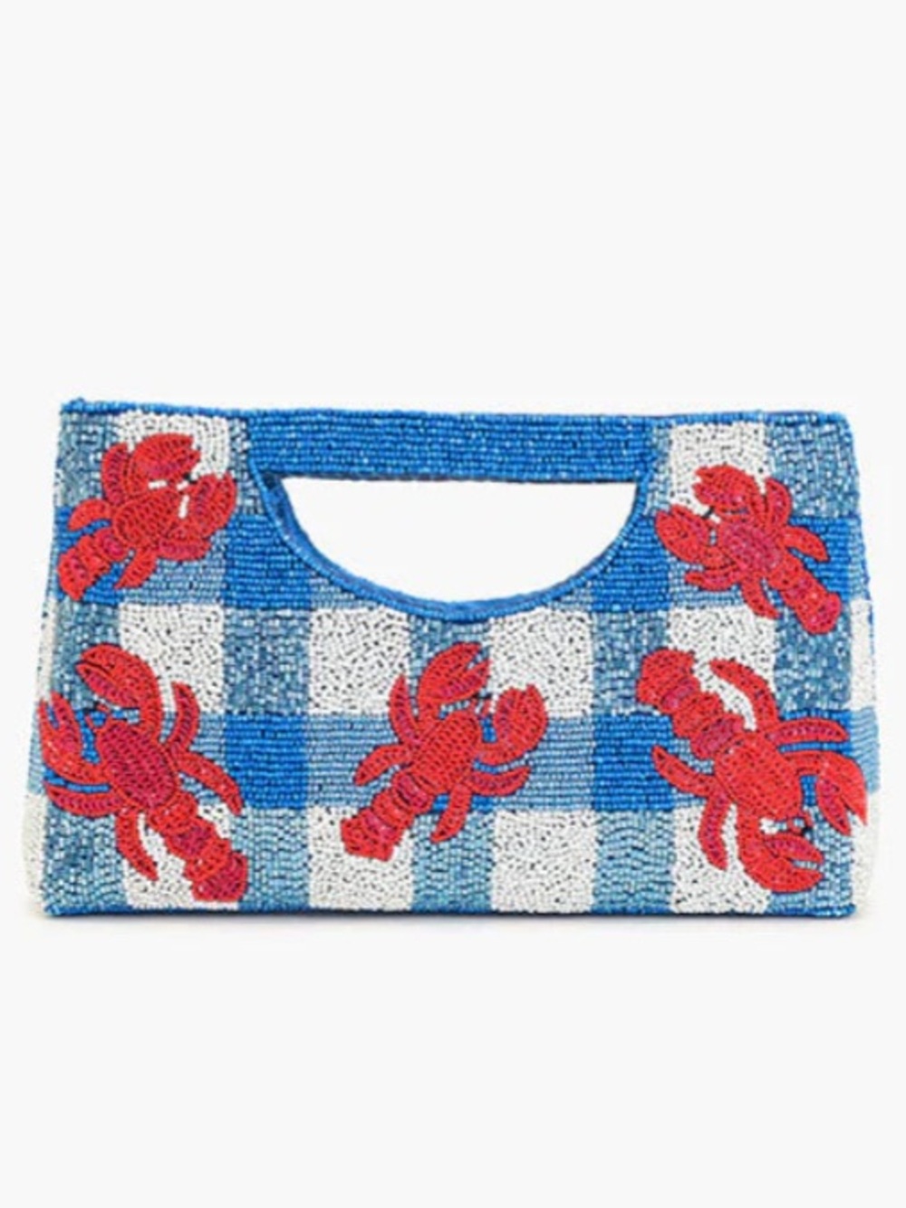 NWT America & Beyond Beaded Blue & White Check Clutch with Red Lobster Motif